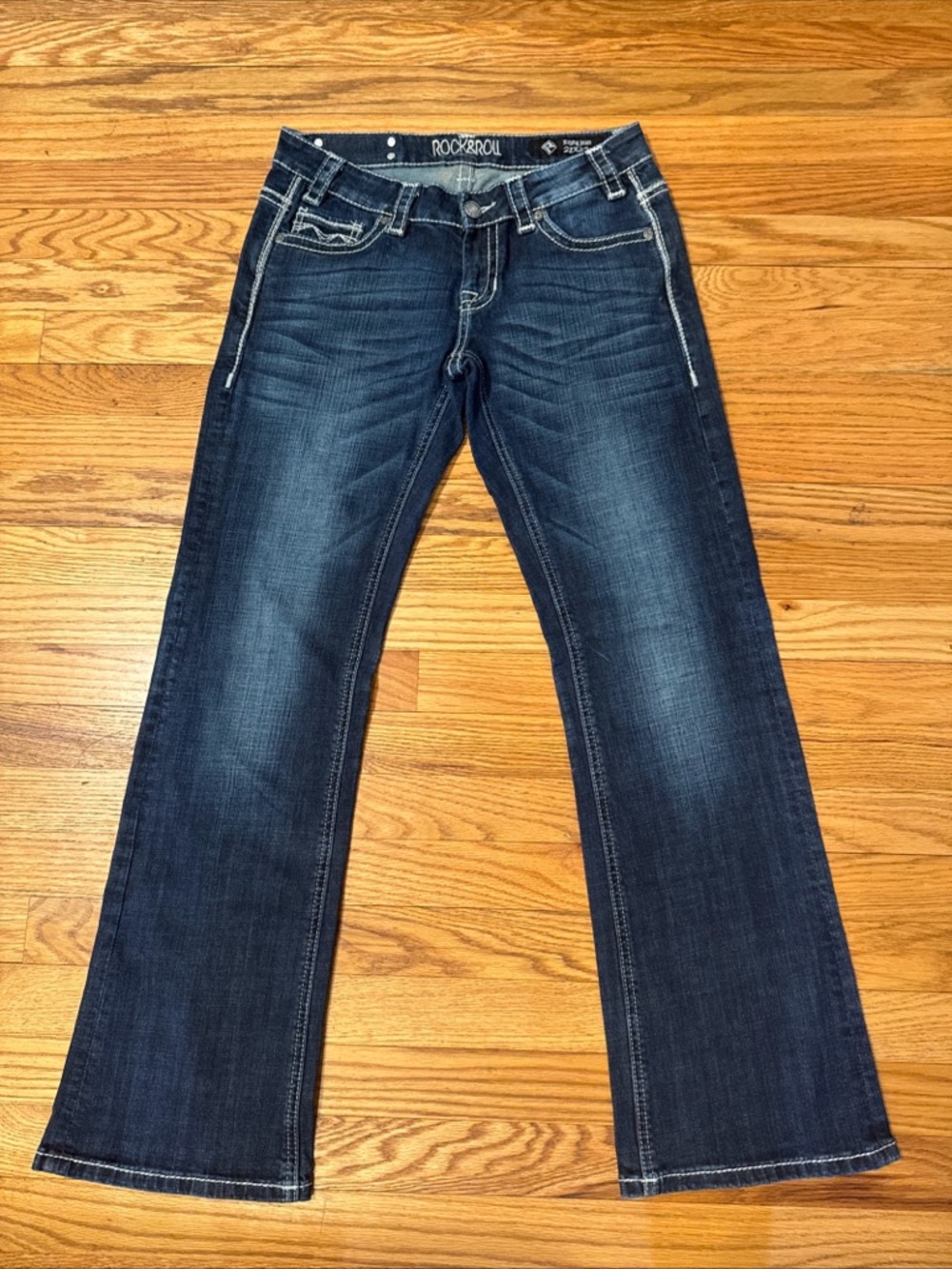 Rock & Roll Cowgirl Riding Jeans Womens Mid Rise Bootcut Dark Stone Wash Sz 28 - Picture 2 of 13